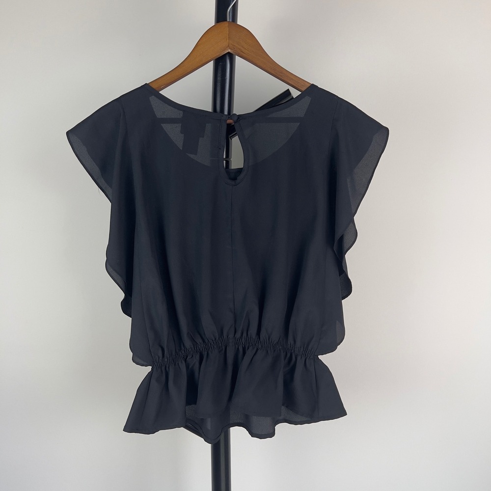 Aryn K Black Pleated Ruffle Neck Peplum Blouse Flutter Sleeve Small Boutique - Picture 3 of 8